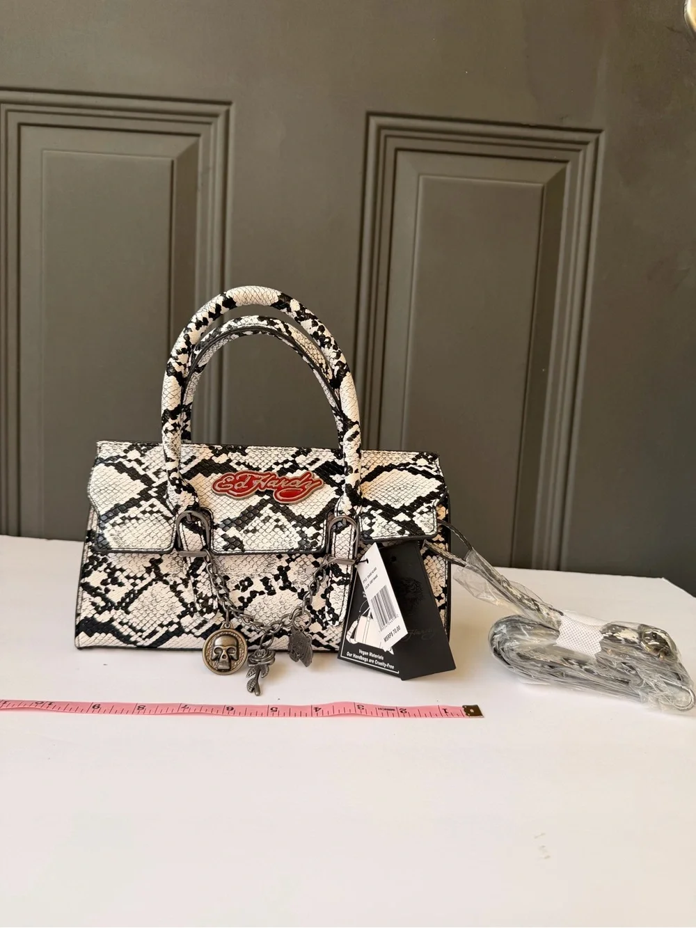 Ed Hardy White & Black Snake-Print Satchel with Charm Accents